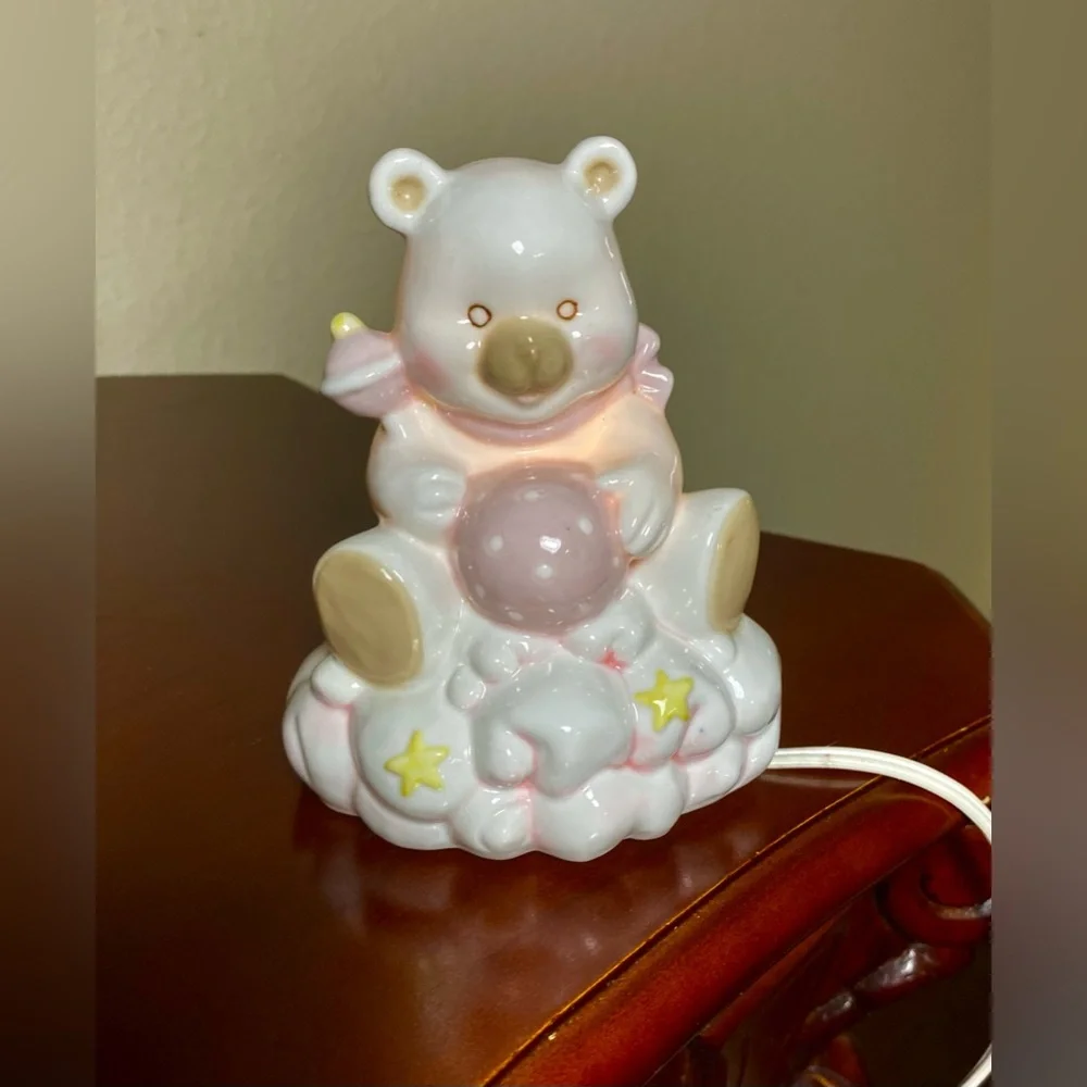 NURSERY NIGHT LIGHT CERAMIC BEAR ON CLOUD with RATTLE & BALL Decoration - Picture 1 of 11